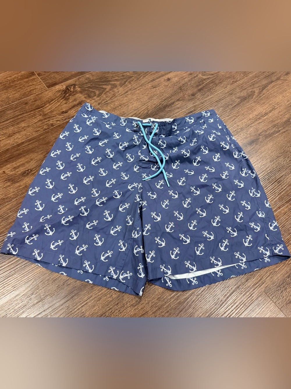 Navy Anchor Print Hybrid Swim Shorts with Turquoise Drawcord